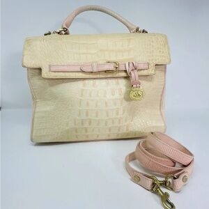 Vintage BRAHMIN Pink & Cream Croc Embossed Tote Satchel Handbag